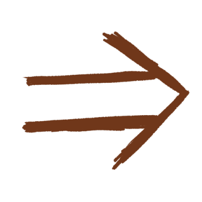 a sketchy dark brown arrow pointing right. it has two lines like an equal sign with a point between them that extends slightly past the lines.